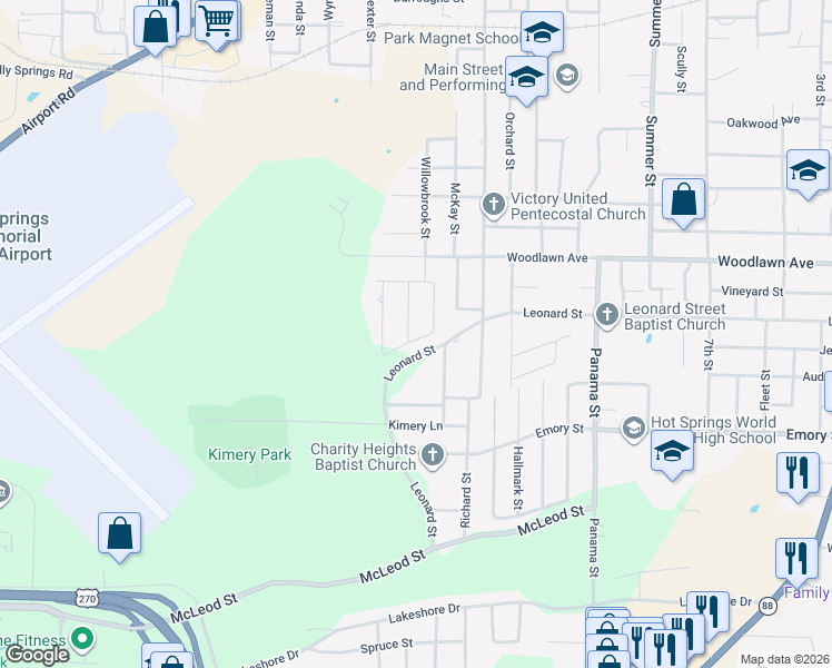 map of restaurants, bars, coffee shops, grocery stores, and more near 113 Plaza Place in Hot Springs