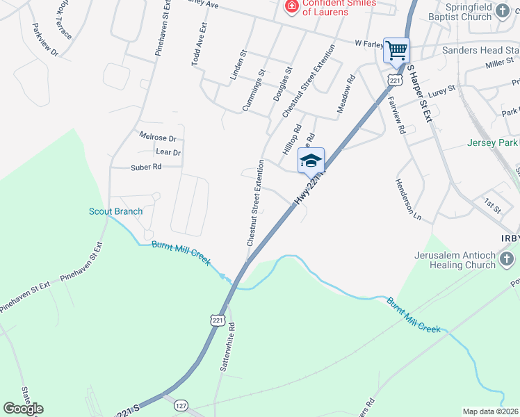 map of restaurants, bars, coffee shops, grocery stores, and more near 1407 Chestnut Street Extention in Laurens