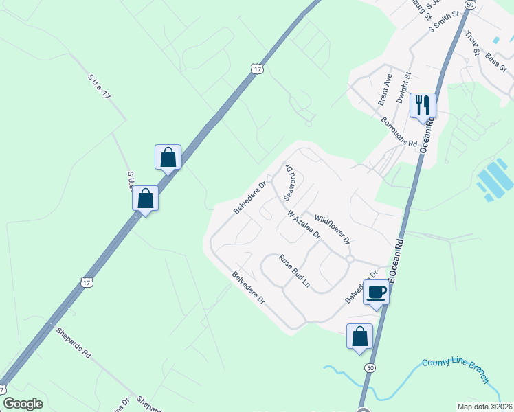 map of restaurants, bars, coffee shops, grocery stores, and more near Centreview Drive in Holly Ridge