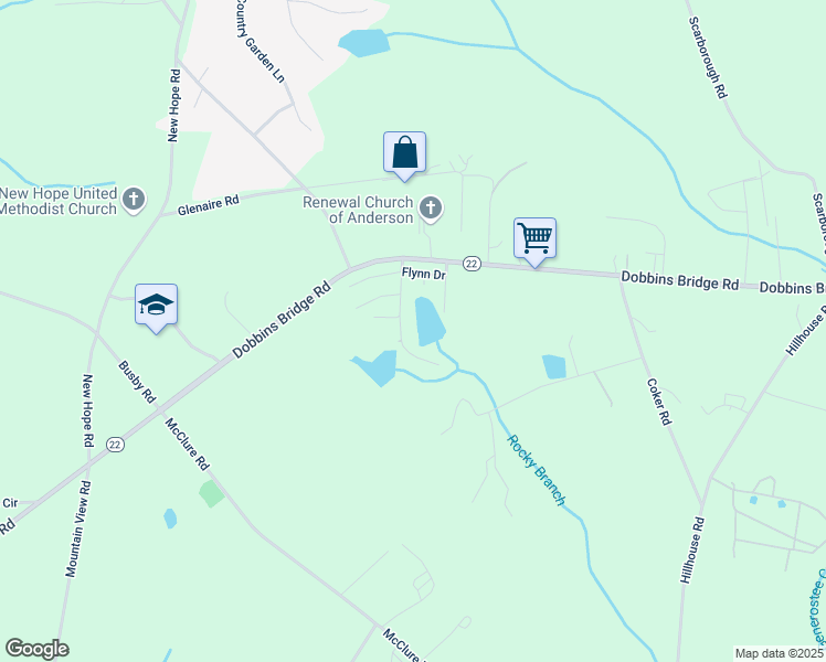 map of restaurants, bars, coffee shops, grocery stores, and more near 203 Lauren Flynn Drive in Anderson