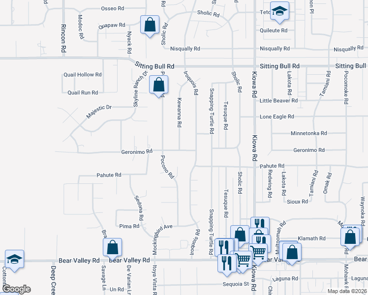 map of restaurants, bars, coffee shops, grocery stores, and more near 20607 Geronimo Road in Apple Valley