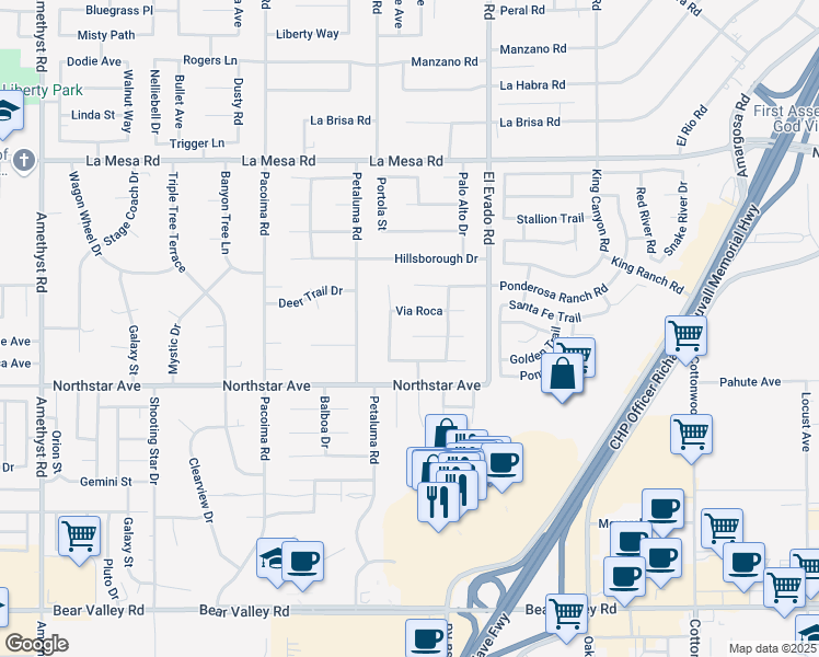 map of restaurants, bars, coffee shops, grocery stores, and more near 14385 Via Puente in Victorville