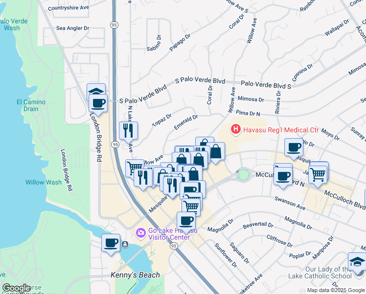 map of restaurants, bars, coffee shops, grocery stores, and more near 1676 Willow Avenue in Lake Havasu City