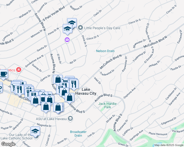 map of restaurants, bars, coffee shops, grocery stores, and more near 2381 McCulloch Boulevard North in Lake Havasu City