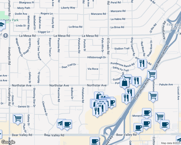 map of restaurants, bars, coffee shops, grocery stores, and more near 14385 Via Puente in Victorville
