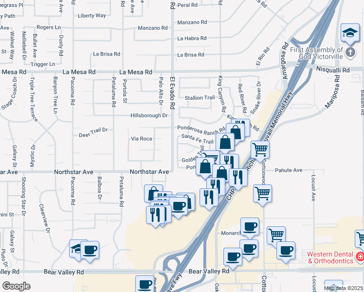 map of restaurants, bars, coffee shops, grocery stores, and more near 12572 Santa Fe Trail in Victorville