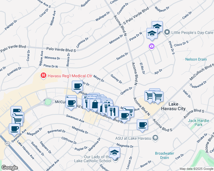 map of restaurants, bars, coffee shops, grocery stores, and more near 2141 Injo Drive in Lake Havasu City