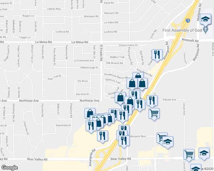 map of restaurants, bars, coffee shops, grocery stores, and more near 14535 Oregon Trail in Victorville