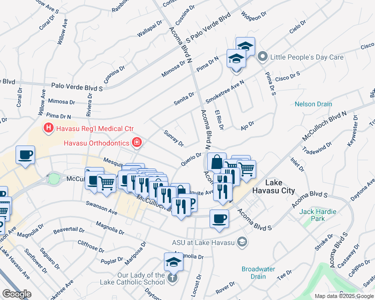 map of restaurants, bars, coffee shops, grocery stores, and more near 132 Sunray Drive in Lake Havasu City