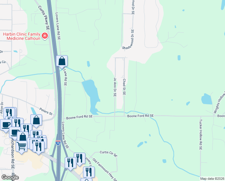 map of restaurants, bars, coffee shops, grocery stores, and more near 220 Jo Ann Drive Southeast in Calhoun