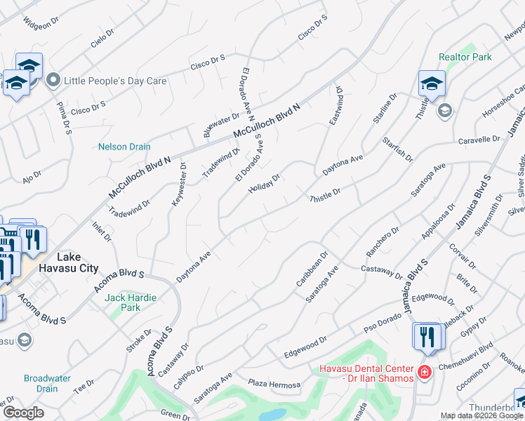 map of restaurants, bars, coffee shops, grocery stores, and more near 155 Impala Lane in Lake Havasu City