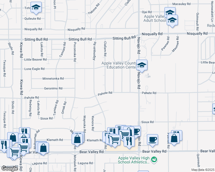 map of restaurants, bars, coffee shops, grocery stores, and more near 21460 Pahute Road in Apple Valley