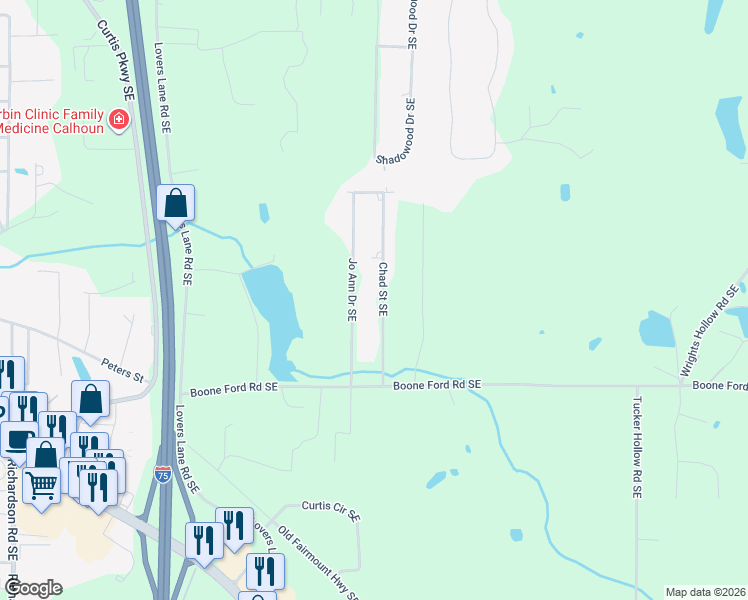map of restaurants, bars, coffee shops, grocery stores, and more near 206 Chad Street Southeast in Calhoun