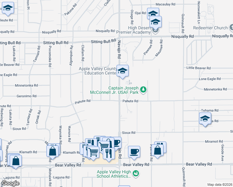 map of restaurants, bars, coffee shops, grocery stores, and more near 12546 Navajo Road in Apple Valley