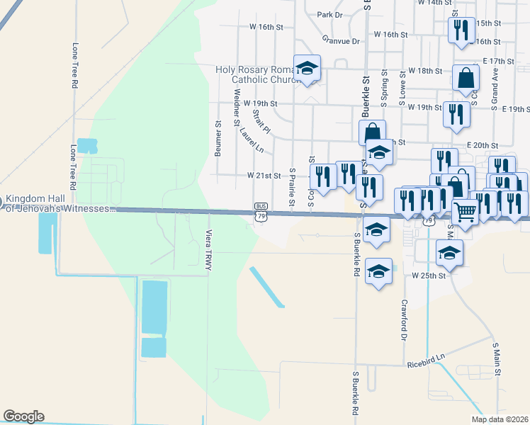 map of restaurants, bars, coffee shops, grocery stores, and more near 1107 West 22nd Street in Stuttgart