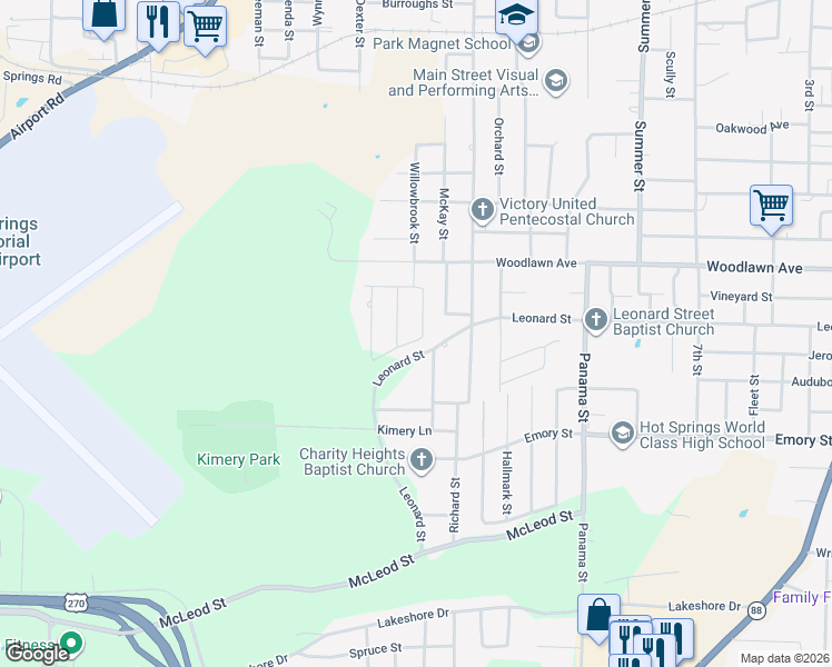 map of restaurants, bars, coffee shops, grocery stores, and more near 113 Plaza Place in Hot Springs