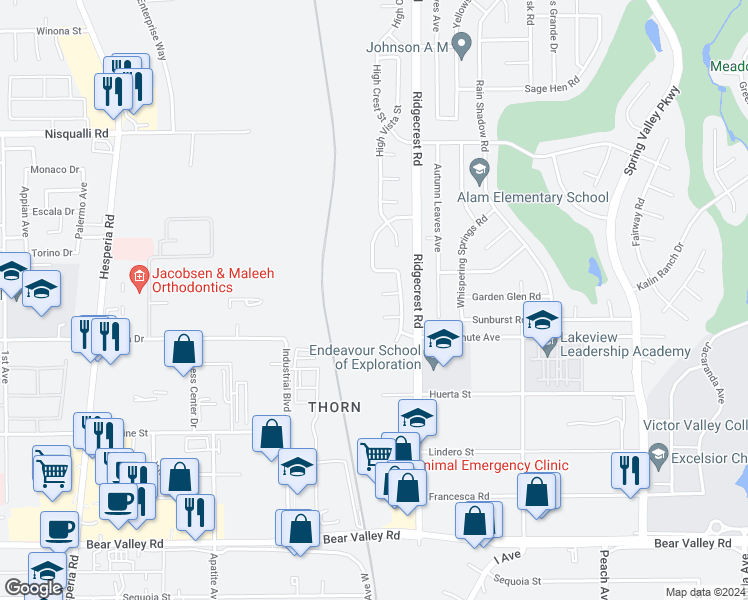 map of restaurants, bars, coffee shops, grocery stores, and more near 17623 Park Terrace Court in Victorville