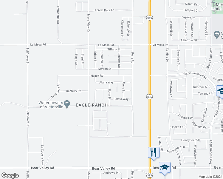 map of restaurants, bars, coffee shops, grocery stores, and more near 12615 Ilona Street in Victorville