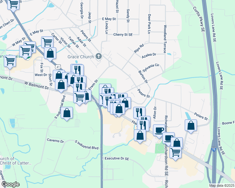 map of restaurants, bars, coffee shops, grocery stores, and more near 112 East Belmont Drive in Calhoun