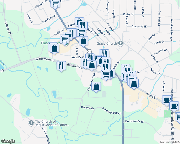 map of restaurants, bars, coffee shops, grocery stores, and more near 216 West Belmont Drive in Calhoun