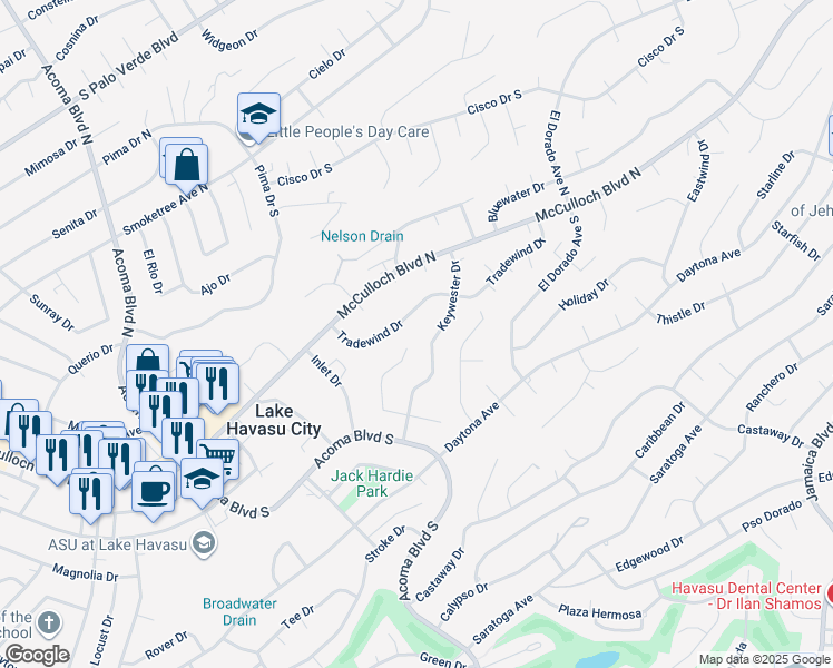 map of restaurants, bars, coffee shops, grocery stores, and more near 91 Keywester Drive in Lake Havasu City
