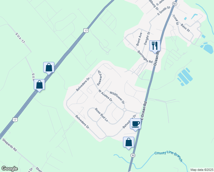 map of restaurants, bars, coffee shops, grocery stores, and more near 1201 Daisy Court in Holly Ridge