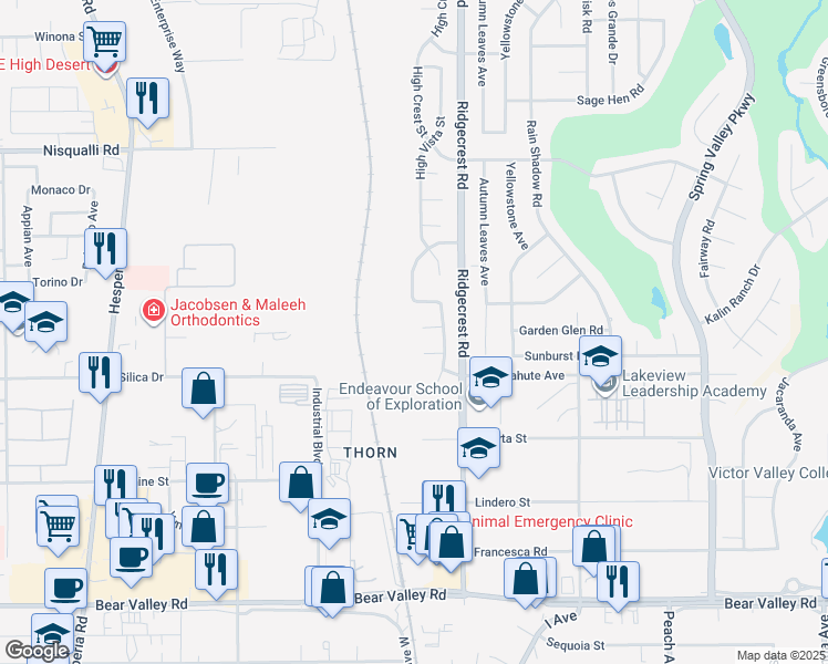 map of restaurants, bars, coffee shops, grocery stores, and more near 17623 Park Terrace Court in Victorville