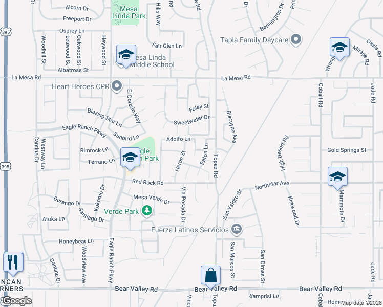 map of restaurants, bars, coffee shops, grocery stores, and more near 12614 Mann Street in Victorville