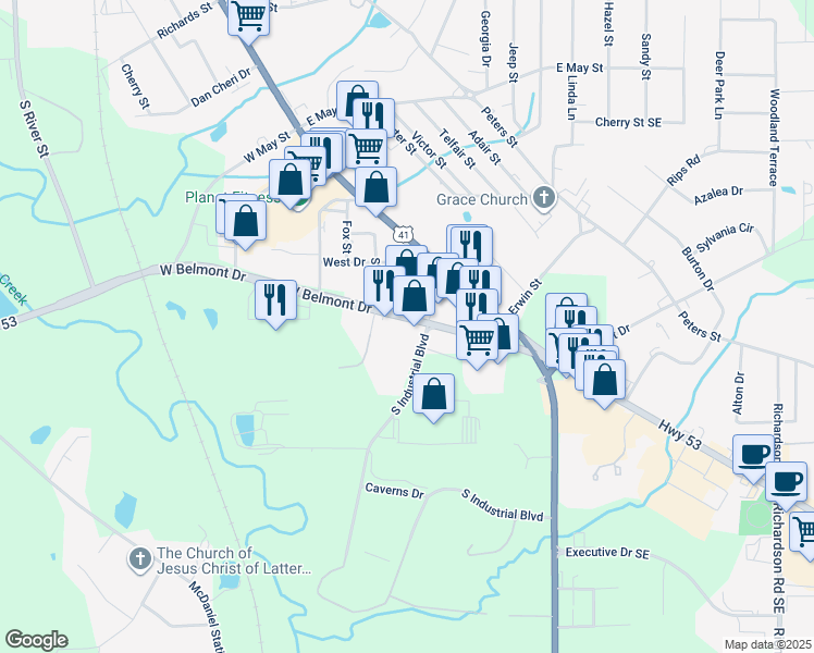 map of restaurants, bars, coffee shops, grocery stores, and more near 216 West Belmont Drive in Calhoun