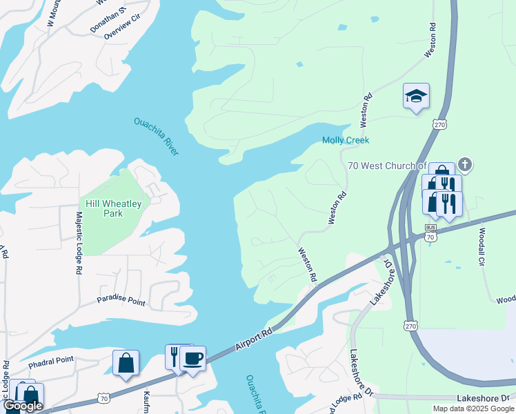 map of restaurants, bars, coffee shops, grocery stores, and more near 203 Stearns Point in Hot Springs