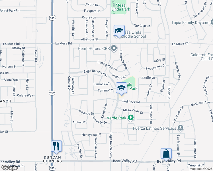 map of restaurants, bars, coffee shops, grocery stores, and more near 12473 Rimrock Lane in Victorville