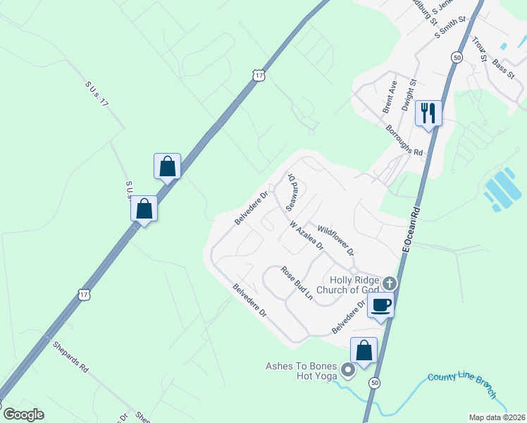 map of restaurants, bars, coffee shops, grocery stores, and more near 132 Porch Swing Way in Holly Ridge