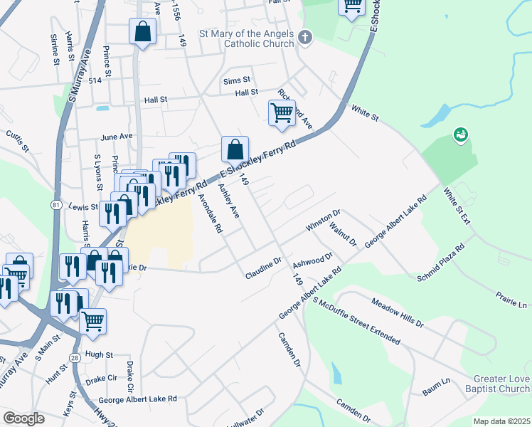 map of restaurants, bars, coffee shops, grocery stores, and more near 611 Carey Street in Anderson