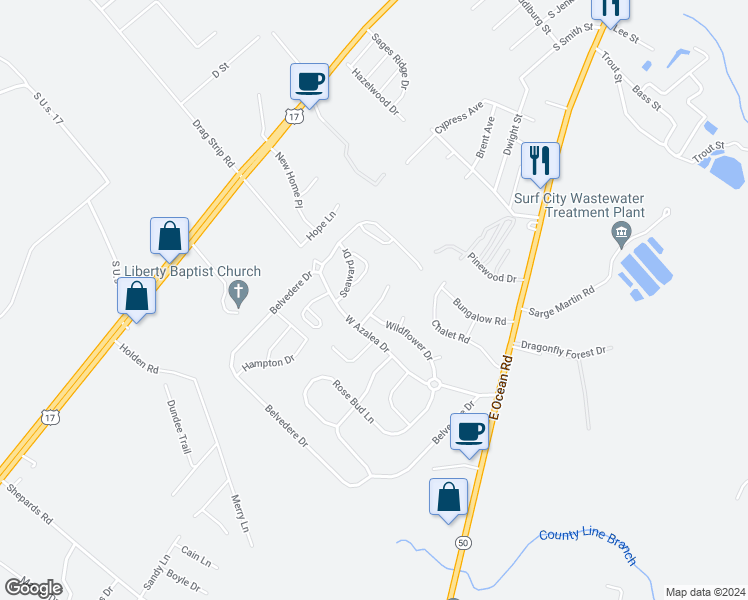 map of restaurants, bars, coffee shops, grocery stores, and more near 1211 Daisy Court in Holly Ridge