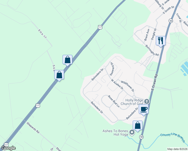 map of restaurants, bars, coffee shops, grocery stores, and more near Centreview Drive in Holly Ridge
