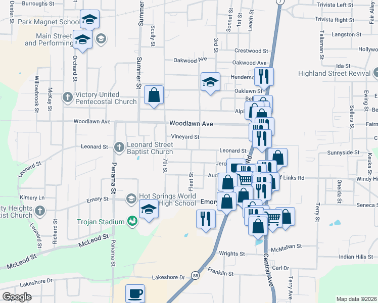 map of restaurants, bars, coffee shops, grocery stores, and more near 421 Jerome Street in Hot Springs