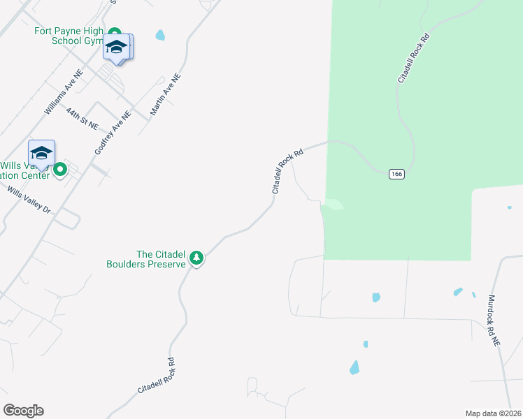 map of restaurants, bars, coffee shops, grocery stores, and more near 16 Citadell Rock Road in Fort Payne