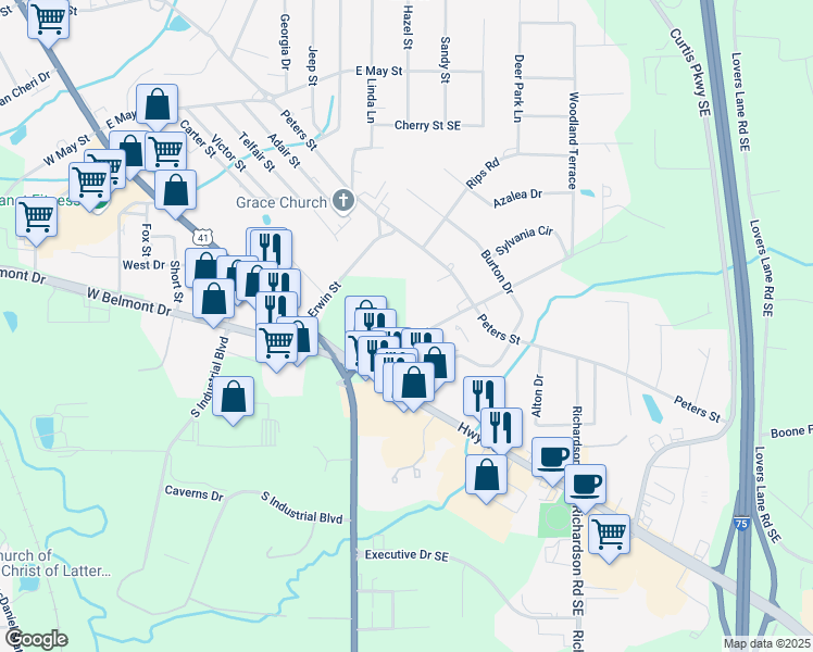 map of restaurants, bars, coffee shops, grocery stores, and more near 112 East Belmont Drive in Calhoun
