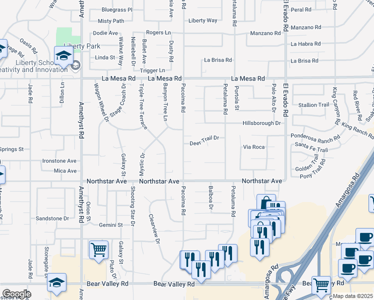 map of restaurants, bars, coffee shops, grocery stores, and more near 12621 Pacoima Road in Victorville
