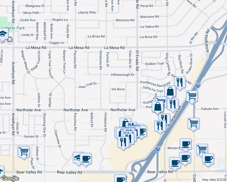 map of restaurants, bars, coffee shops, grocery stores, and more near 14375 Ponderosa Ranch Road in Victorville