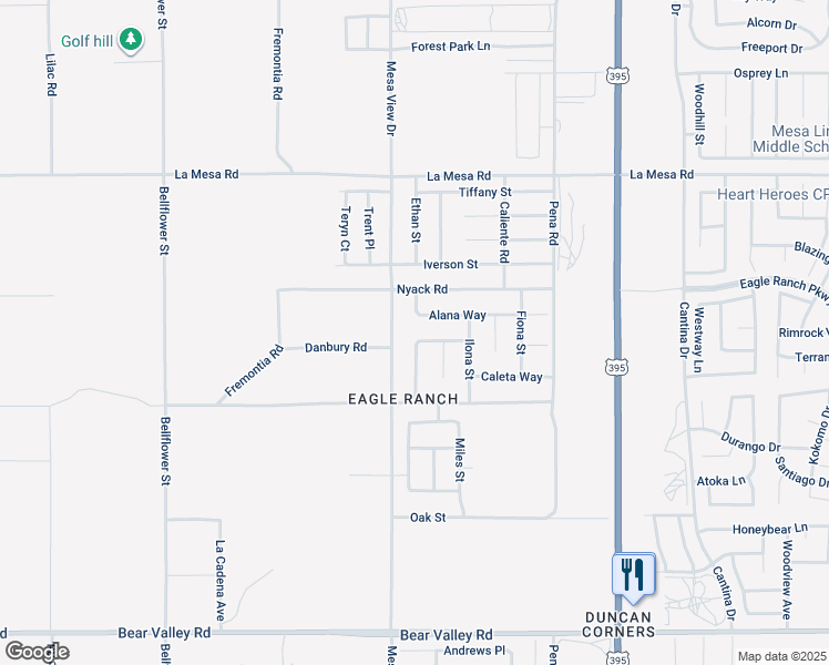map of restaurants, bars, coffee shops, grocery stores, and more near 11736 Ballina Street in Victorville