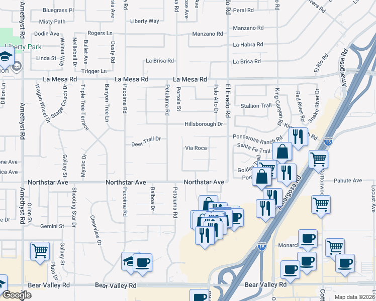 map of restaurants, bars, coffee shops, grocery stores, and more near 14375 Ponderosa Ranch Road in Victorville
