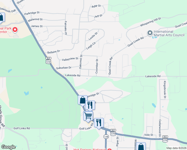map of restaurants, bars, coffee shops, grocery stores, and more near 204 Coomber Street in Hot Springs
