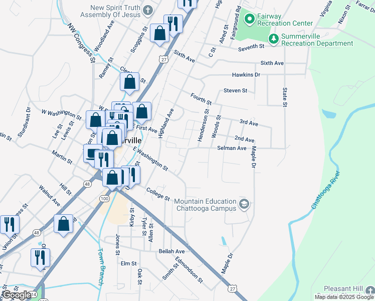 map of restaurants, bars, coffee shops, grocery stores, and more near 120 North Washington Avenue in Summerville