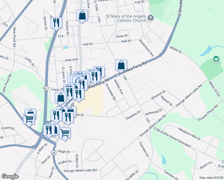 map of restaurants, bars, coffee shops, grocery stores, and more near 106 Ashley Avenue in Anderson