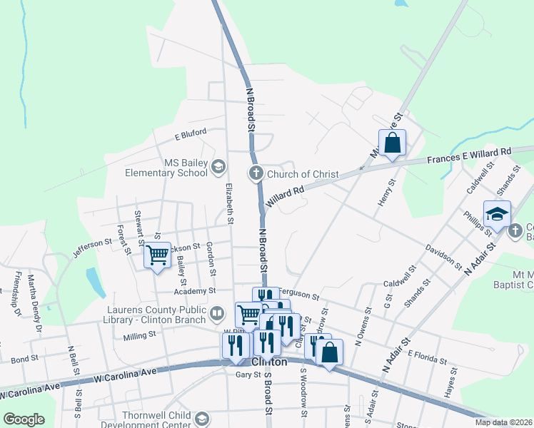 map of restaurants, bars, coffee shops, grocery stores, and more near 100 Willard Road in Clinton