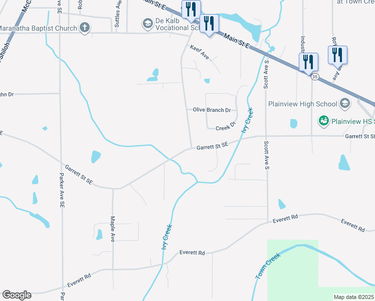 map of restaurants, bars, coffee shops, grocery stores, and more near 1210 Garrett Street Southeast in Rainsville