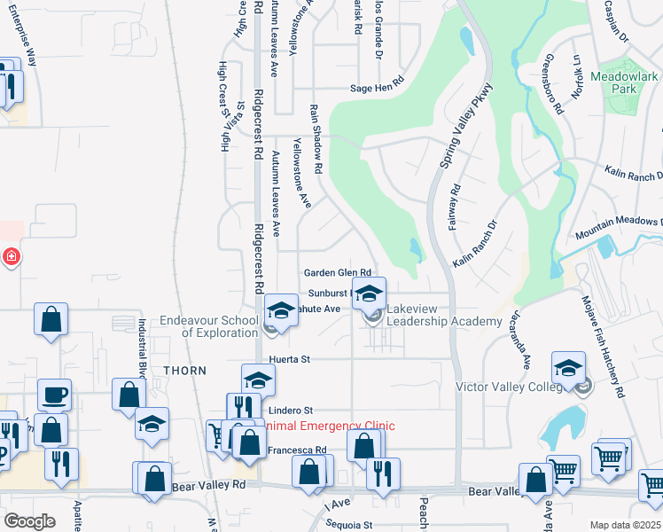 map of restaurants, bars, coffee shops, grocery stores, and more near 17858 Garden Glen Road in Victorville