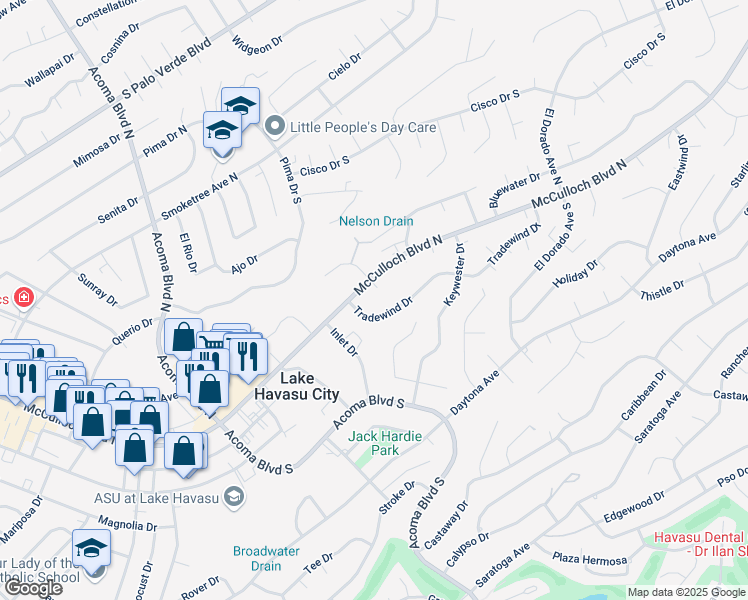 map of restaurants, bars, coffee shops, grocery stores, and more near 2470 Cutter Lane in Lake Havasu City