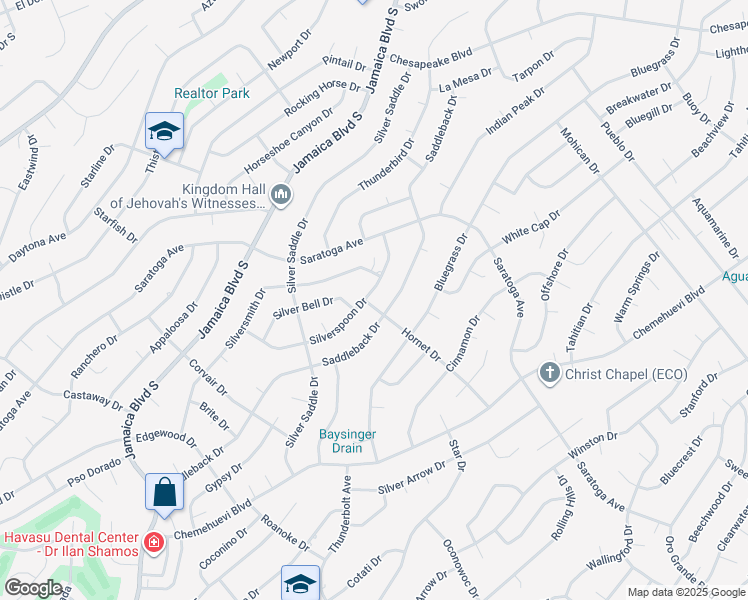 map of restaurants, bars, coffee shops, grocery stores, and more near 3311 Silverspoon Drive in Lake Havasu City